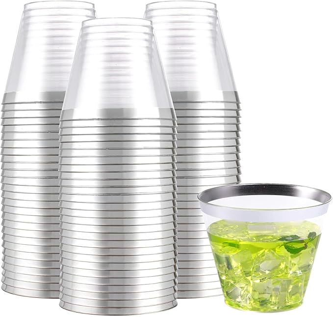 WELLIFE 200pcs Silver Cups, 9OZ Clear Plastic Cups,Plastic Wine Glasses Disposable,Cocktail Glasses for Party and Weddings
