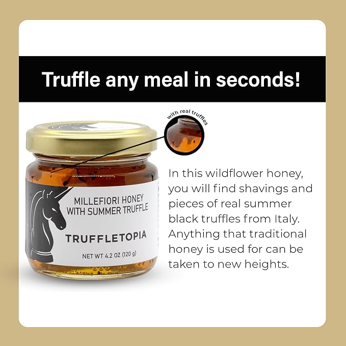 Truffletopia | Millefiori Honey with Summer Truffle | Infused with Real Black Truffles from Italy | Use for Cooking, Baking, Topping, Sauces | 4.2 Oz (2 Pack)