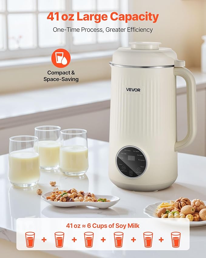 VEVOR 8-in-1 Nut Milk Maker, 41 oz Soy Milk Maker Machine with 10 Blades, for Homemade Oat, Nut, Soy, Juice, Milkshake, Rice Cereal, Plant-Based Beverages with Self-Cleaning, Boil Water, 12-Hour Delay