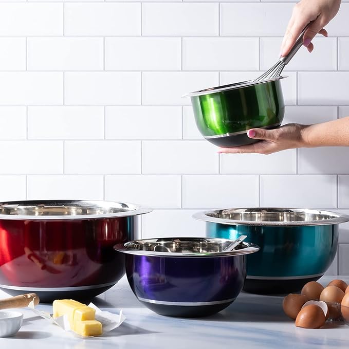 Colorful Mixing Bowl- 4 Pc Set- Stackable Nesting Bowls- Stainless Steel Mixing Bowls Non Slip Silicone Bottom- Cookware Set
