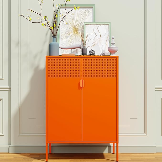 Metal Storage Cabinet,Kitchen Pantry Storage Cabinet,Metal Sideboard with 2 Doors and 2 Adjustable Shelves,Orange Locker Cabinet for Home,Bathroom,Hallway,Office,Dining Room
