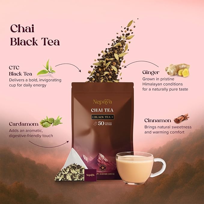 Nepaya Masala Chai – 50 Pyramid Black Tea Bags, Spiced with Ginger, Cardamom & Cinnamon, Biodegradable, High Caffeine, Himalayan Whole-Leaf