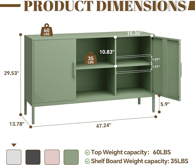 Metal Storage Cabinet,Metal Green TV Stand,Coffee Bar Buffet Cabinet Kitchen Sideboard Storage with Adjustable Shelves for Living Room Bedroom