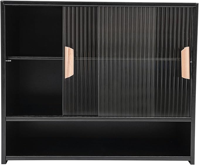 Small Bamboo Kitchen Pantry Sideboard, Freestanding Countertop Storage Cabinet with 2 Acrylic Doors Black Storage Shelf, Sliding Pantry Cabinet for Home Bar, Coffee Bar