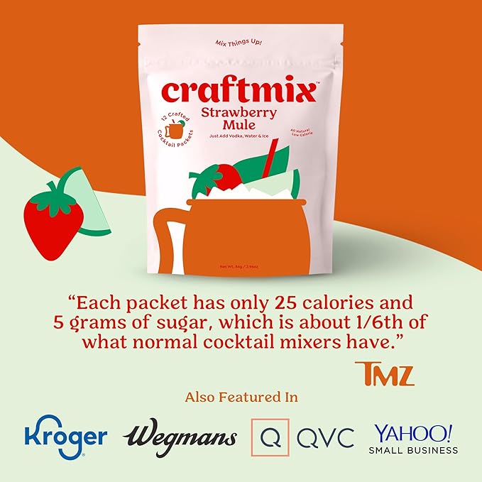 Craftmix Strawberry Mule Cocktail & Mocktail Drink Mixer, Skinny Mixes - Water Flavoring Packets - Made With Real Fruit - Vegan, Low-Carb, Low-Sugar, Non-GMO, Dairy Free, Gluten Free, 24 Pack