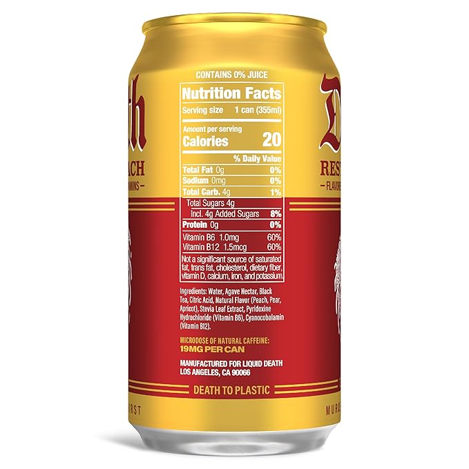 Liquid Death, Rest in Peach Iced Tea, 12-Pack (12 oz Cans), Peach Flavored Black Tea, Low Calorie, No Artificial Sweeteners, B12 & B6 Vitamins