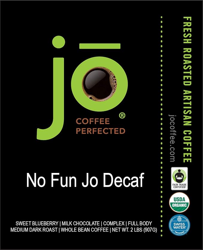NO FUN JO DECAF: 2 lb, Organic Decaf Coffee, Whole Bean, Swiss Water Process, Fair Trade Certified, Medium Dark Roast, 100% Arabica Coffee, Great for Espresso, Chemical Gluten Free by Jo Coffee®