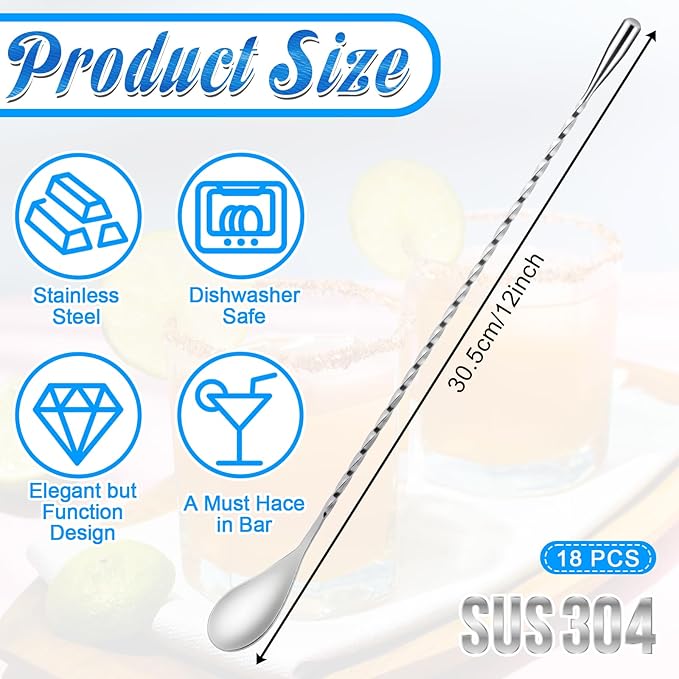 18 Pcs Bar Spoon Cocktail Mixing Spoon 12 Inches Stainless Steel Long Drink Stirrers with Spiral Handle for Cocktail Shaker, Silver