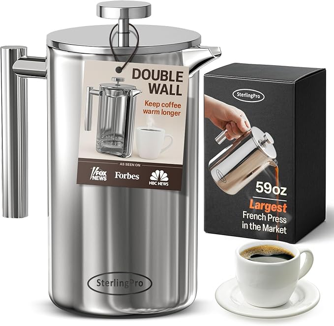 Extra Large Insulated Metal French Press Coffee Maker 59 oz (1.75L), Large Capacity Stainless Steel Big French Press XL, Durable Insulated Mirror Coffee Maker with Double Walled Insulation, Mirror
