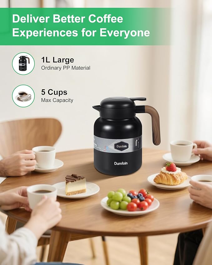 45 Oz Thermal Coffee Carafe, Stainless Steel Insulated Vacuum Coffee Carafes For Keeping Hot, 1.3 Liter Beverage Dispenser (Black/Black)