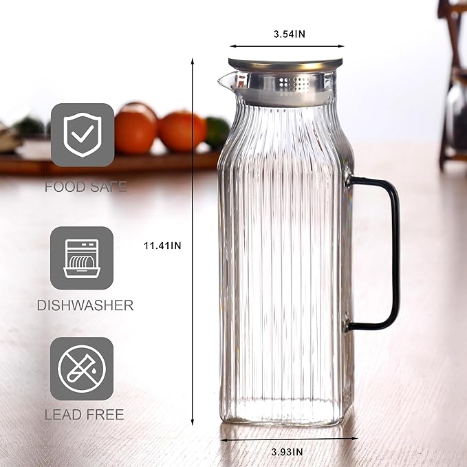 The high borate glass water pitcher with lid and handle is suitable for iced tea,homemade juice,milk,coffee,etc.All hot and cold beverages can be adapted (2L 2PCS)