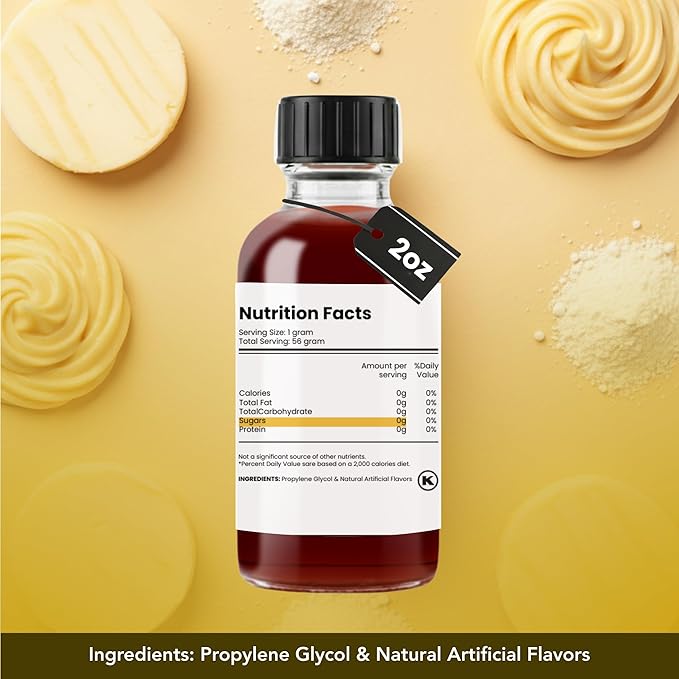 Dolce Flav Butter Extract – 2 Ounce Water-Soluble Kosher, Sugar-Free, Concentrated Imitation Butter Flavor for Baking, Cookies & Frostings, Includes Measured Dropper