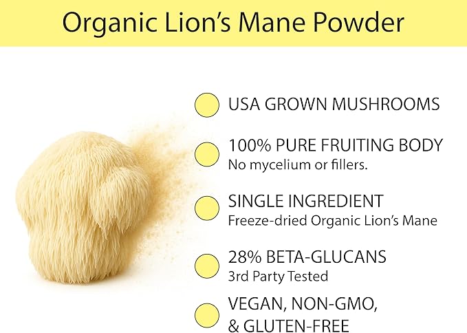 KOYAH - Organic USA Lion's Mane Mushroom Powder - 80 Servings - 100% Fruiting Body, Freeze-Dried, 3rd Party Tested for Beta-Glucans, Non-GMO, Vegan. Brain & Nerve Support. Immune Support.