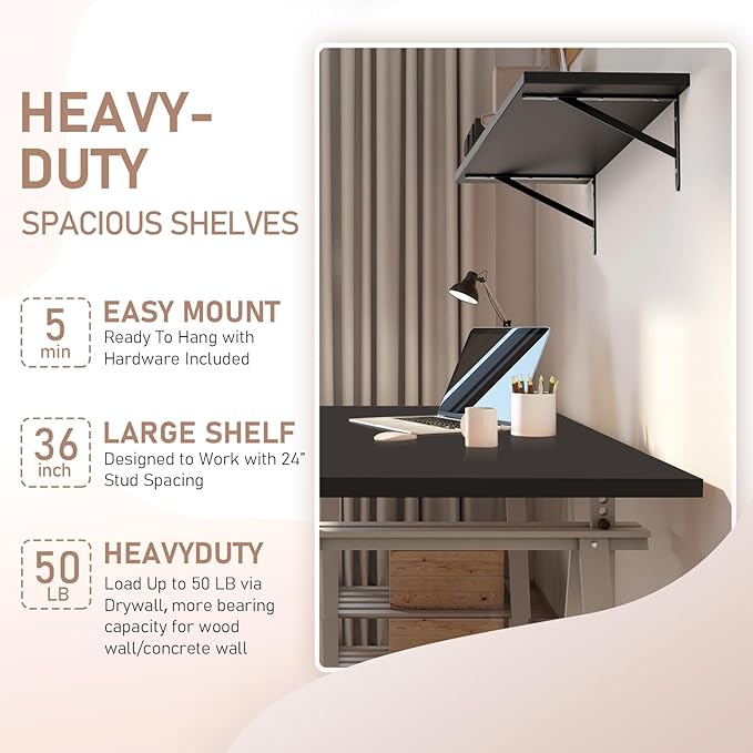 Kaboon 36 inch Long 10 inch Deep Floating Shelves for Wall Set of 2, Large Open Shelves Wall Mounted, Space Saving Home and Commercial Use,Black