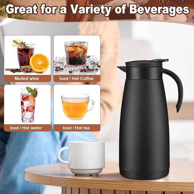 Uiifan 2 Pcs 51 Oz Thermal Coffee Carafe Stainless Steel Insulated Vacuum Coffee Carafes Double Walled Vacuum Thermal Pot Flask with Brushes for Keeping Cold Hot Tea Water Milk Home Office (Black)