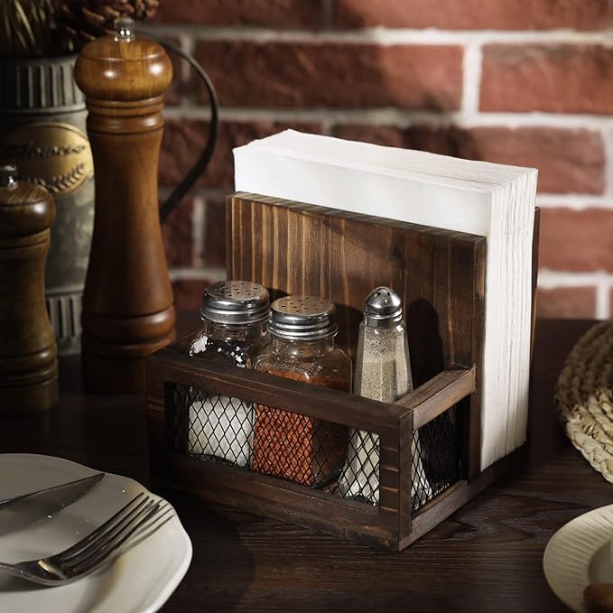 FARM IN Napkin Holder, Farmhouse Multifunctional Napkin Holder with Salt and Pepper Shakers Holder for Home Kitchen Table Centerpiece and Commercial, Rustic Solid Burnt Wood & Diamond Metal Wire Mesh