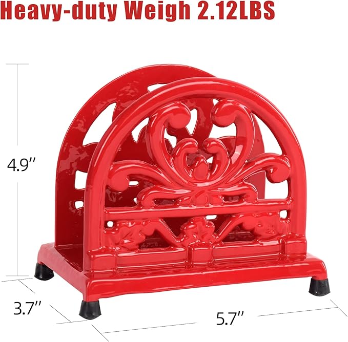 Vintage Cast Iron Napkin Holder for Table, Upright Paper Napkins Dispenser for Kitchen Restaurant Cocktail Bar with Red Flower Pattern Decor