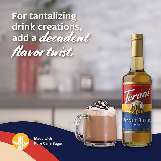 Torani Coffee Syrup, Peanut Butter Flavoring for Drinks, Glass Bottle with Pump Included, 25.4 Fl Oz