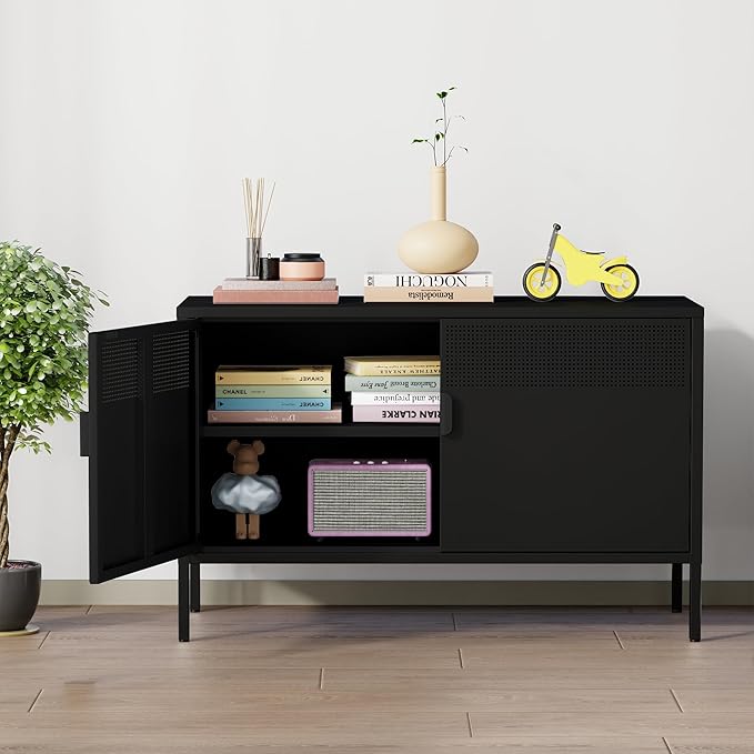 Metal Storage Cabinet with Doors,Black Accent Cabinet,Metal Locker Storage Cabinets,2 Door TV Media Stand with Removable Shelves for,Home,Office,Entryway,Living Room