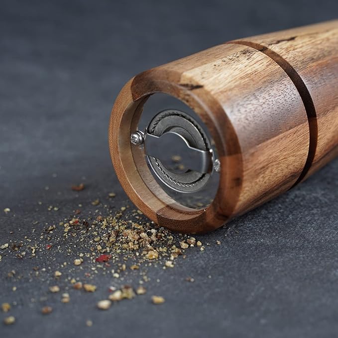 Pepper Grinder, Pepper Mill with Adjustable Stainless Steel, Acacia Wood, 16.5 cm Height, Bottom Dia: 5 cm, Upper Dia: 4.5 cm (Tray is NOT Included)
