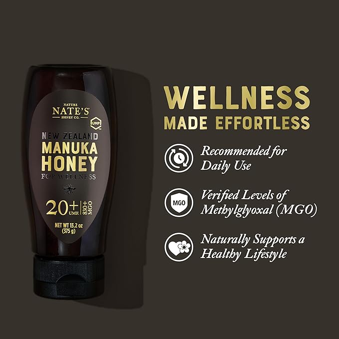 Nate's Pure Manuka Honey, Gold Edition | Sourced & Packed in New Zealand | MGO 830+ UMF Certified 20+ | 13.2 oz Squeeze Bottle