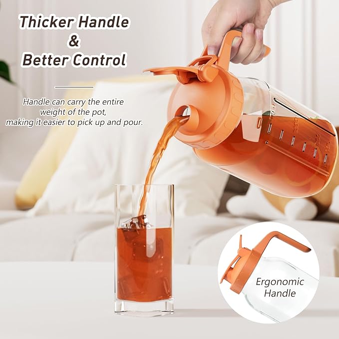 64 oz Glass Pitcher with Lid, Large Wide Mouth Mason Jar with Pour Spout, Orange Sun Tea Glass Jar for Outside, Lemonade Pitcher Great for Drink, Cold Beverages and Breast Milk