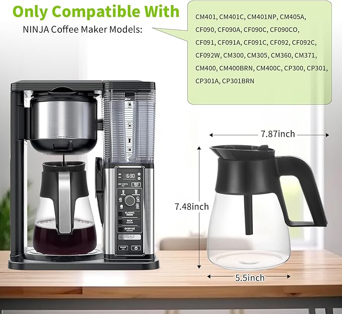 CM401 10-Cup Coffee Pot Replacement for Ninja Specialty Hot & Iced Coffee Maker, Compatible with CM371 CM400 CM300 CP300 CP301, Ninja Glass Carafe with Brew-Through Lid