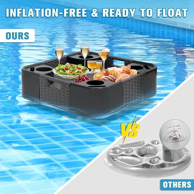 COOS BAY 24''x24'' Square Floating Drink Holder for Pool and Hot Hub, Large Floating Serving Tray with Handles, Wicker Floating Pool Tray for Food and Drinks, Gray