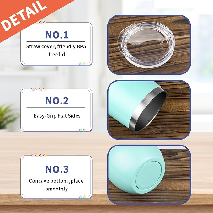 StarSpeed 12oz/6 Pack Wine Tumbler with lid, Stainless Steel Travel Mugs Stemless Double Wall Insulated Coffee Cup, Insulated Wine Glasses Travel Tumbler for Cold & Hot Drinks(Light Green, 6)