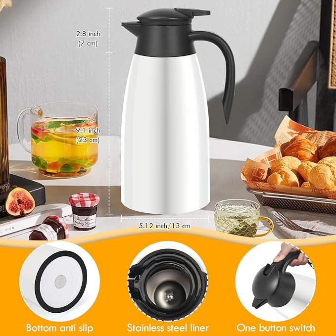 70oz Thermal Coffee Carafe Insulated Coffee Thermos Airpot, Stainless Steel Coffee Carafes Urn For Keeping Hot, Double Walled Insulated Vacuum Flask, Hot Beverage Drink Tea Coffee Dispenser, White