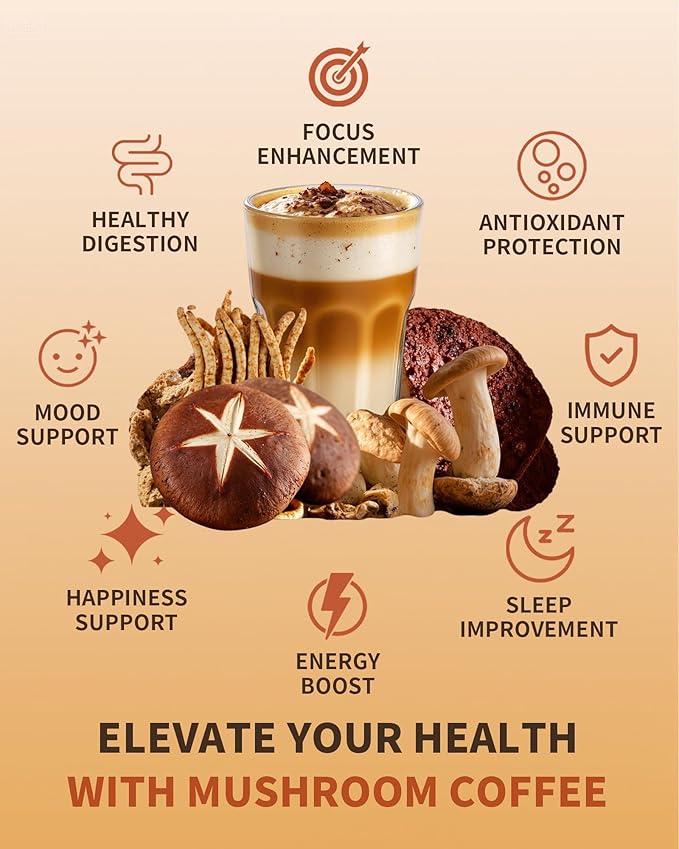 Mushroom Coffee, Organic Instant Coffee with 6 Adaptogenic Mushrooms (Lion's Mane, Reishi, Cordyceps & More), Boost Energy, Focus & Immune Support, Low Caffeine, Portable 32 Sticks