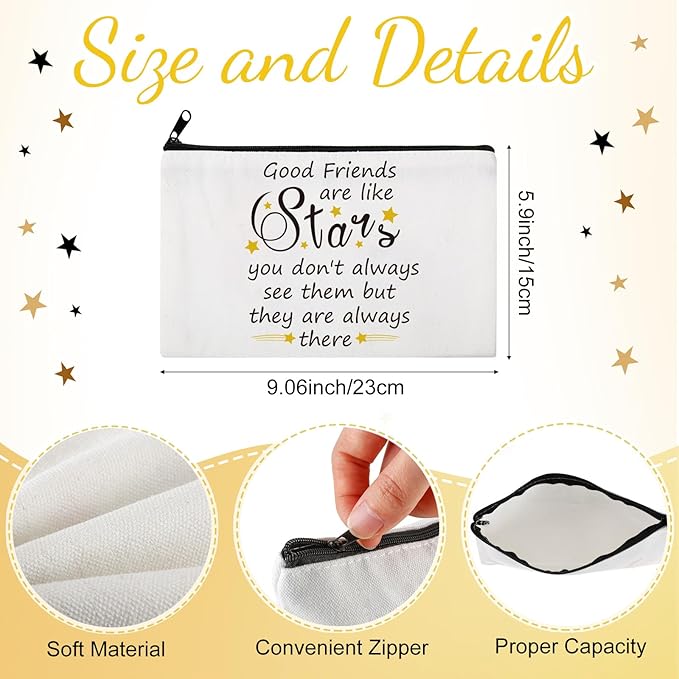 Sliner 6 Pack Friend Gift for Women Christmas Good Friends Are Like Stars Wine Tumbler Cup 12 oz Friendship Canvas Makeup Bag and Inspirational Keychain Xmas Gifts