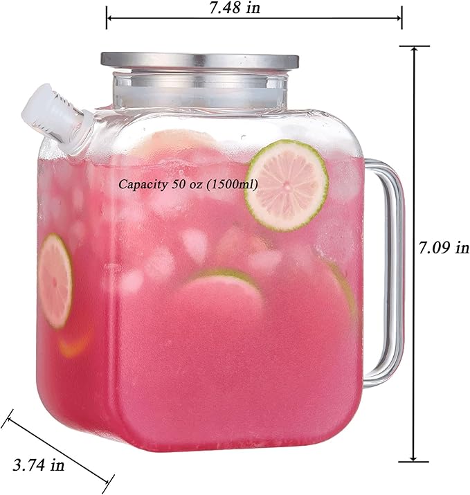 Purefold 1.5 Liter/50 oz Water Pitcher, High Borosilicate Glass Jug with Full Seal Lid and Spout, Leakproof Fridge Door Carafe for Iced Tea, Coffee, Juice, Milk Beverage