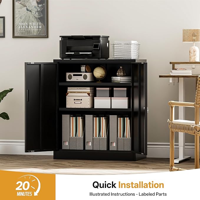 Metal Garage Storage Cabinets，Metal File Cabinet with 2 Adjustable Shelves, Lockable Storage Cabinets for Office, Home, Garage, Warehouse 36" H x 31.5" W x 15.7" D (Black)