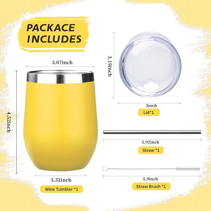 12oz Stemless Wine Tumbler with Lid Double Wall Insulated Wine Cup Stainless Steel Glasses Tumbler with Straw Insulated cocktail Tumbler Coffee Mug for Hot and Cold Beverages (Multicolor-4,4Pack)