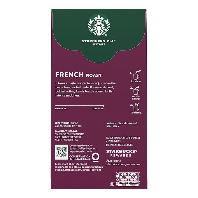 Starbucks VIA Instant Coffee, Dark Roast Coffee, French Roast, 100% Arabica, Single-Serve, 1 Box (8 Packets)