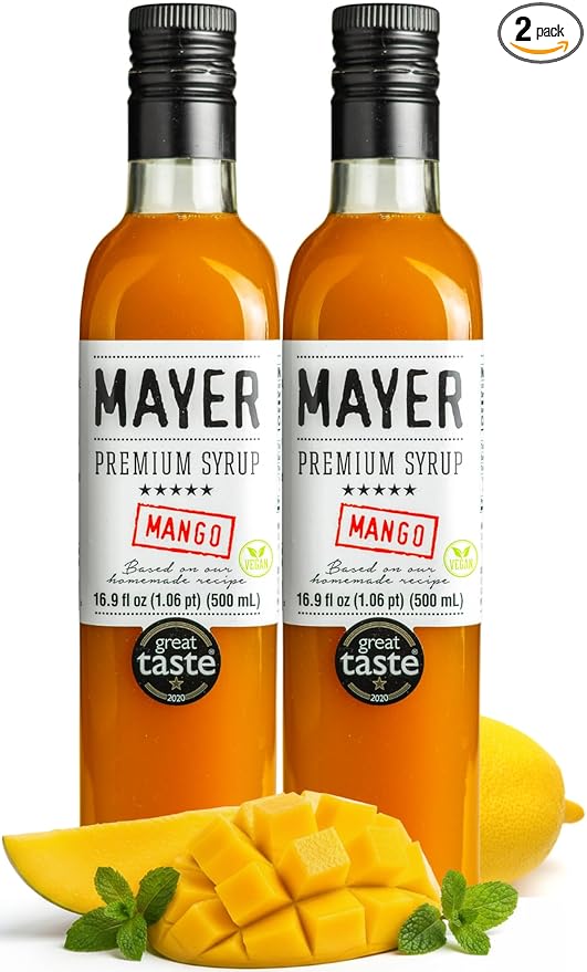 Mayer Mango Syrup for Drinks & Cocktails – Handcrafted in Hungary, Natural Mango Flavoring Syrup – Handcrafted with 100% Real Fruits for Martini, Mocktail, Smoothie, Lemonade, Pancakes, Ice Cream – Vegan, Gluten-Free – (16.9 Fl Oz each / Pack of 2)