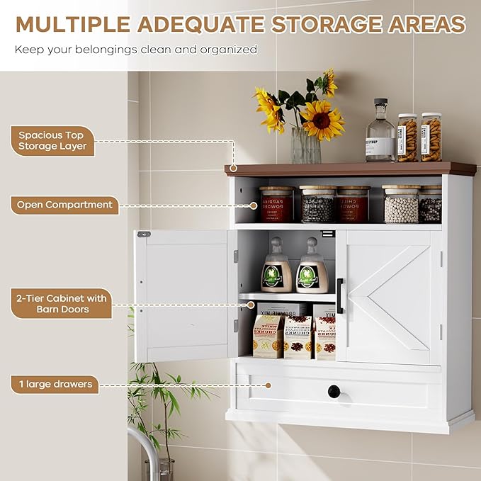 Bathroom Wall Cabinet, Farmhouse Wall Mounted Medicine Cabinet with Drawer, Barn Doors and Adjustable Shelf, 25"H x 23.6"W x 9"D White Over Toilet Storage Cabinet for Kitchen, Laundry Room, Entryway