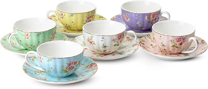 BTaT- Floral Tea Cups and Saucers Set of 6 (7 oz), Porcelain Tea Cups Set of 6, Pastel Bloom Design with Gold Trim, Dishwasher & Freezer Safe
