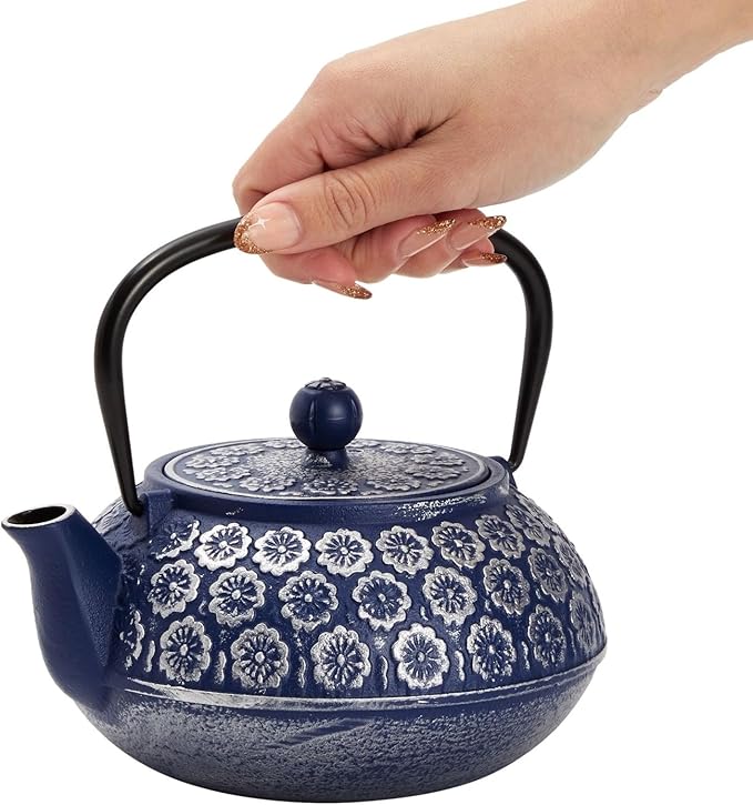 Juvale Japanese Cast Iron Teapot with Infuser & Stovetop Tea Kettle - 34 oz, Blue - Heat Retention, Removable Lid & Fold-Down Handle