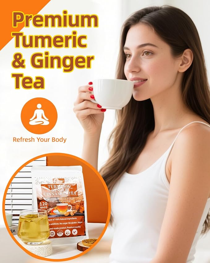 240 Premium Turmeric Ginger Cinnamon Tea Bags, 100% Natural Herbal Blend, Supports Digestion & Immune Health, No Sugar, No Caffeine, No Additives, Vegan, Premium Ingredients
