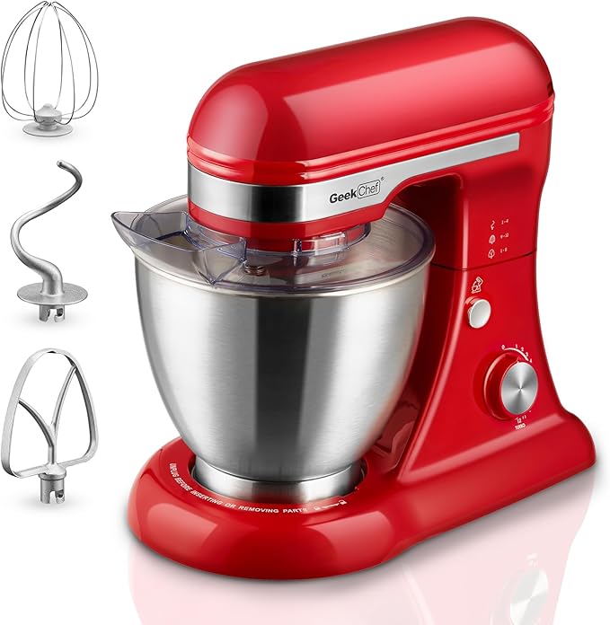 Geek Chef Electric Stand Mixer, 4.8QT 12 Speeds Tilt-head Food Mixer with Dough Hook, Whisk, Beater, Bowl, Rotary Knob for Home Kitchen Use, Wild Red