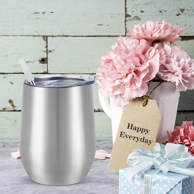 8 Pack 12Oz Stainless Steel Wine Tumblers, Insulated Wine Tumbler, Double Wall Insulated Wine Glass, Stainless Steel Stemless Wine Cups with Lids for Coffee, Wine, Cocktails, Champaign, Silver