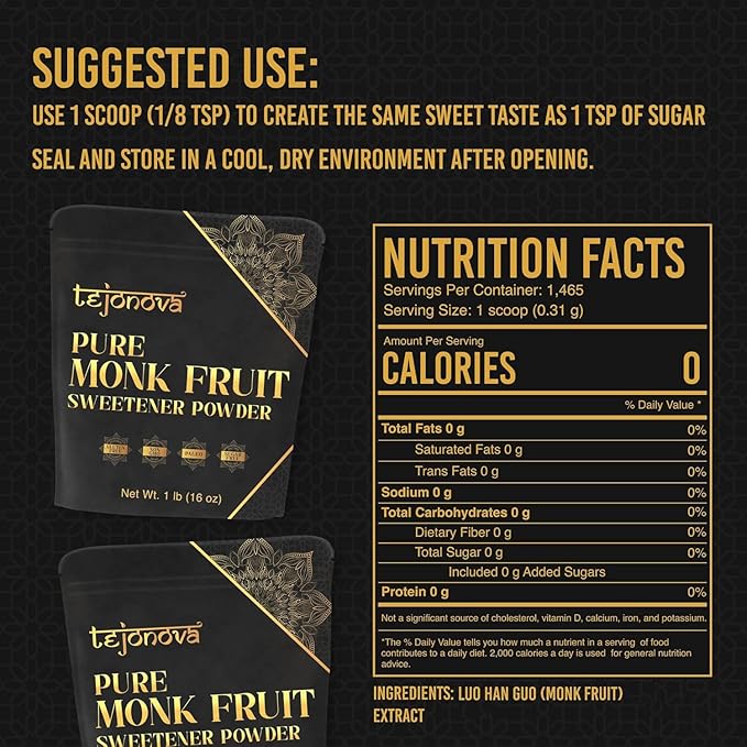 tejonova Monk Fruit Sweetener, 1 lb, Monk Fruit Extract Powder, Monkfruit Sweetener Pure Flavor, Monk Fruit Sweetener No Erythritol, Ideal Monkfruit Sweetner and Keto Sugar Substitute, 1465 Servings