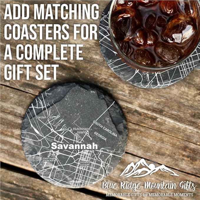 Blue Ridge Mountain Gifts - Savannah Souvenir - Georgia Glassware Gift, Etched City Map, Laser Engraved and Dishwasher Safe