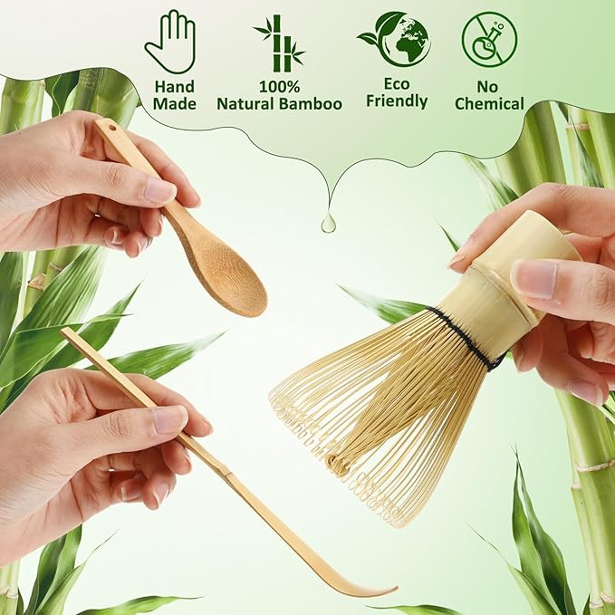 LemonRoad 10 Set Matcha Whisk Bulk (Chasen) with Traditional Scoop (Chashaku) and Tea Spoon, 100 Prong Bamboo Whisk for Matcha Powder Handcrafted Stirrer Mixer Brush Gift