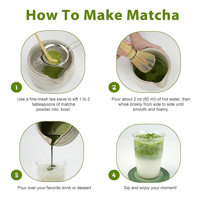 Soeos Premium Matcha Traditional Starter Set, 7-Piece Matcha Kit with Bamboo Whisk (Chasen), Scoop (Chashaku), Stainless Steel Sifter, Whisk Stand, Matcha Bowl, Scoop Rest, and Tea Towel