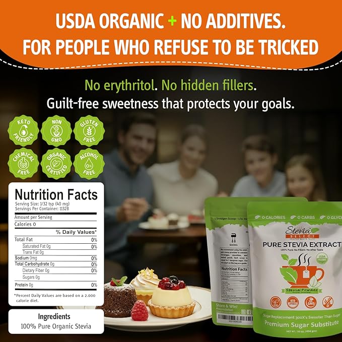 Stevia Select Organic Stevia Powder Sugar Free Plant Based Stevia Sweetener Non GMO Pure Stevia Extract Sugar Substitute No Additives Zero Calorie 16 Oz