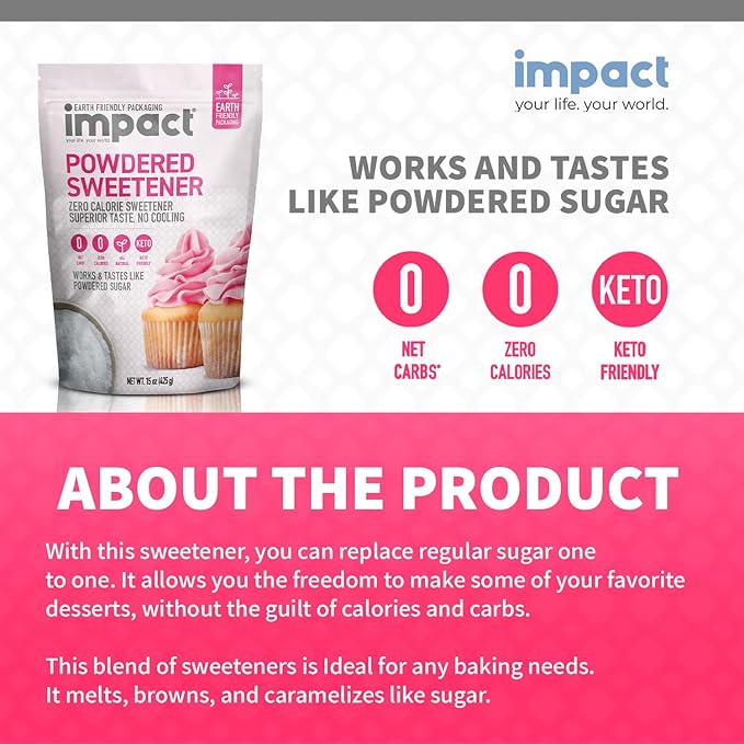 Impact Powdered Sweetener - Allulose, White Monk Fruit Blend – Zero Calorie and Carb, Keto-Friendly, Guilt-Free Substitute for Baking & Cooking - 0.94 lbs