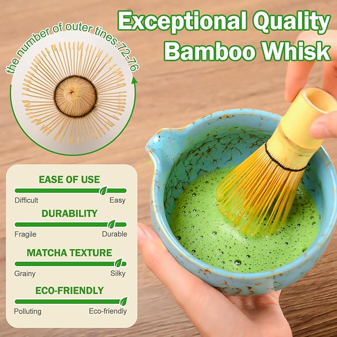 MONOJOY Matcha Bowl and Whisk Set – Multi-Layer Ice-Crackle Ceramic Chawan with Spout, Bamboo Chasen, Holder, Scoop & Sifter | Japanese Ceremonial Matcha Tea Kit for Lattes & Beginners